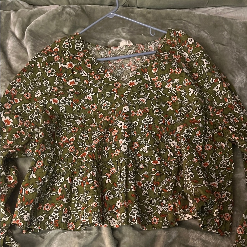 a.n.a Olive Floral Peplum Blouse with Rust and White Accents